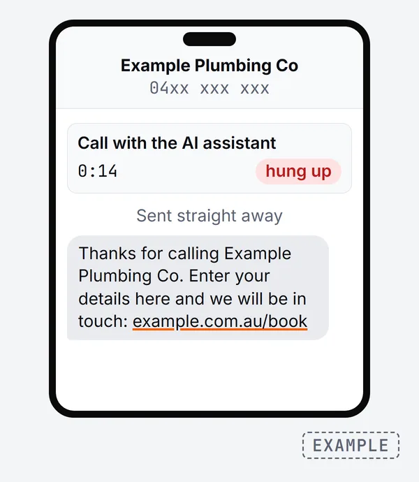 Phone screen of a caller who hung up on the AI assistant after 14 seconds, followed straight away by a text from the business with its booking link