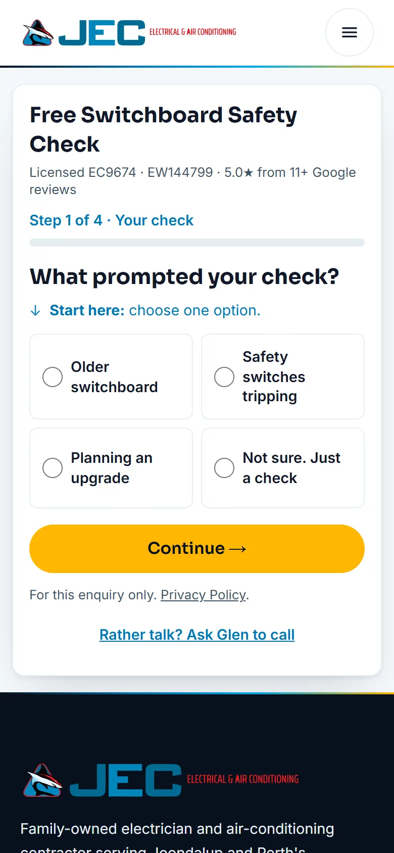 The Joondalup Electrical Free Switchboard Safety Check page on a phone: the offer heading, licence numbers, step one of four and a Continue button.