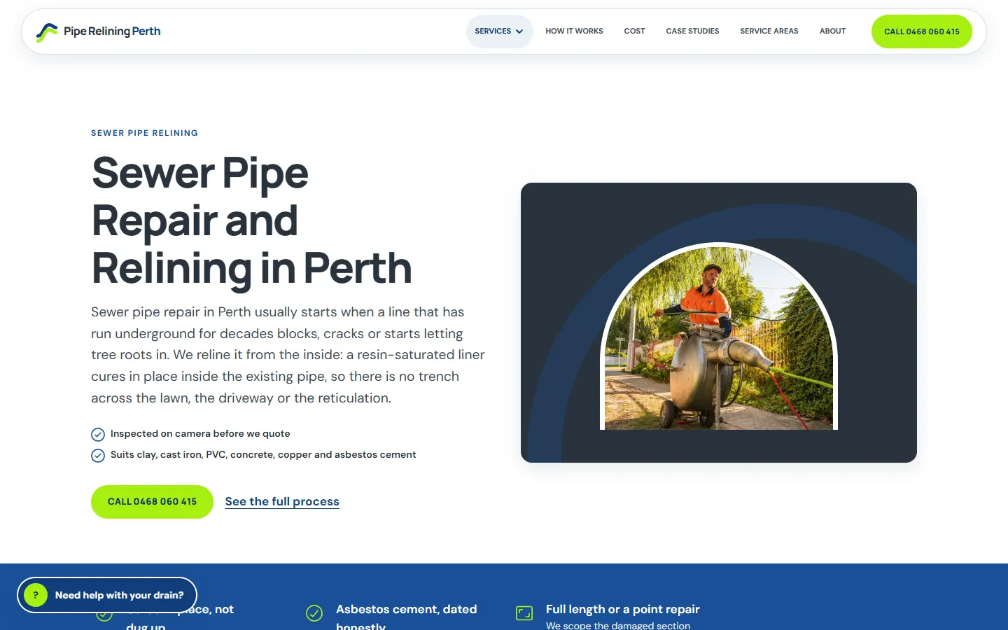 The Pipe Relining Perth sewer relining page we built, with a call button and the phone number in the header.