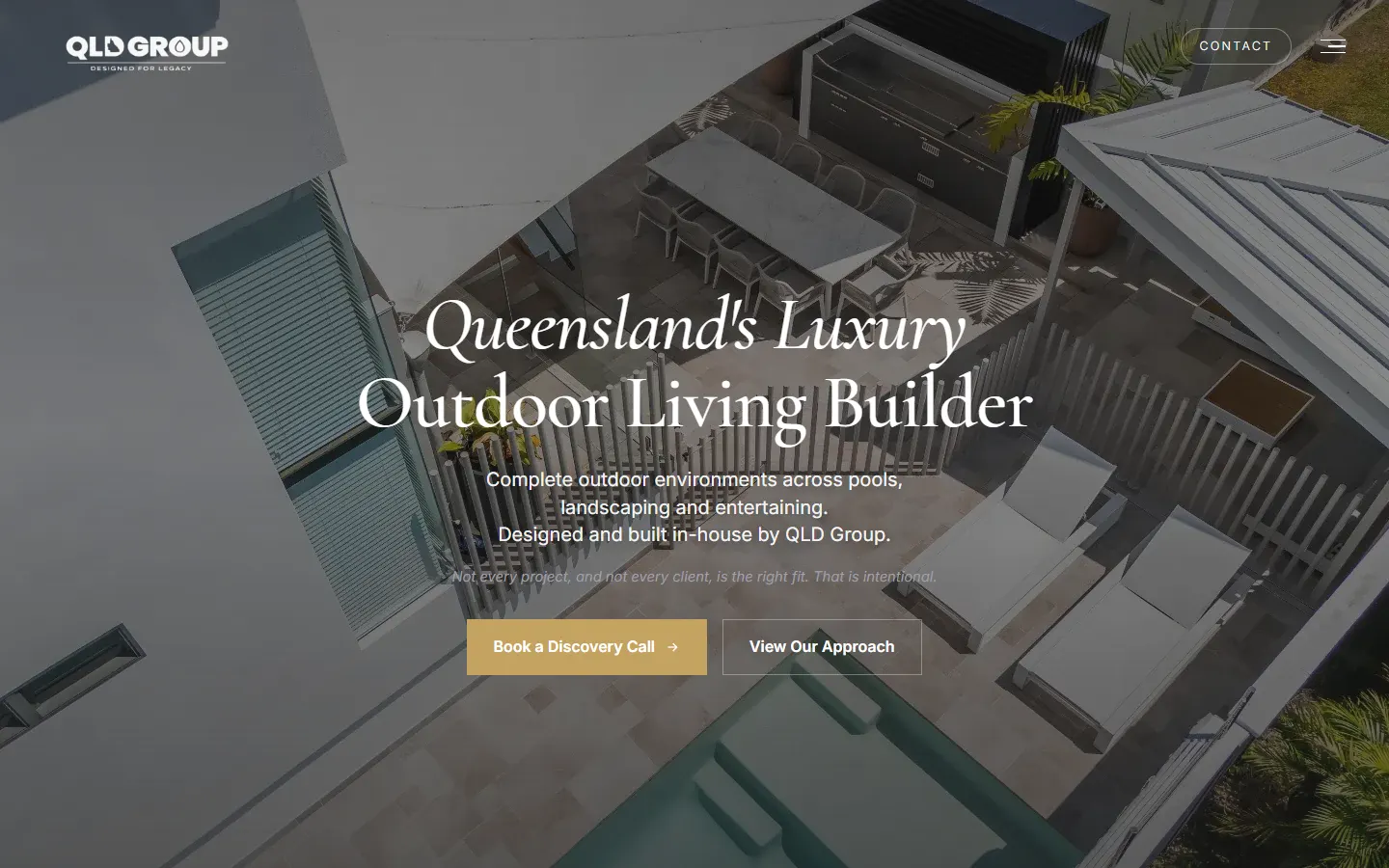 The QLD Group homepage: an aerial photo of a finished pool and outdoor kitchen under the heading Queensland's Luxury Outdoor Living Builder, with a Book a Discovery Call button.