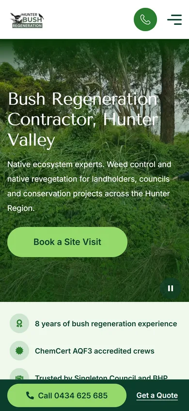 The new Hunter Bush Regeneration homepage on a phone: a call button in the header, the heading Bush Regeneration Contractor, Hunter Valley, a Book a Site Visit button, trust points and a call bar.