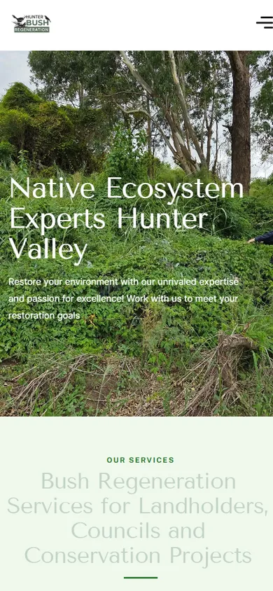 The old Hunter Bush Regeneration homepage on a phone: the heading Native Ecosystem Experts Hunter Valley over a bush photo, with a menu button and no call button.