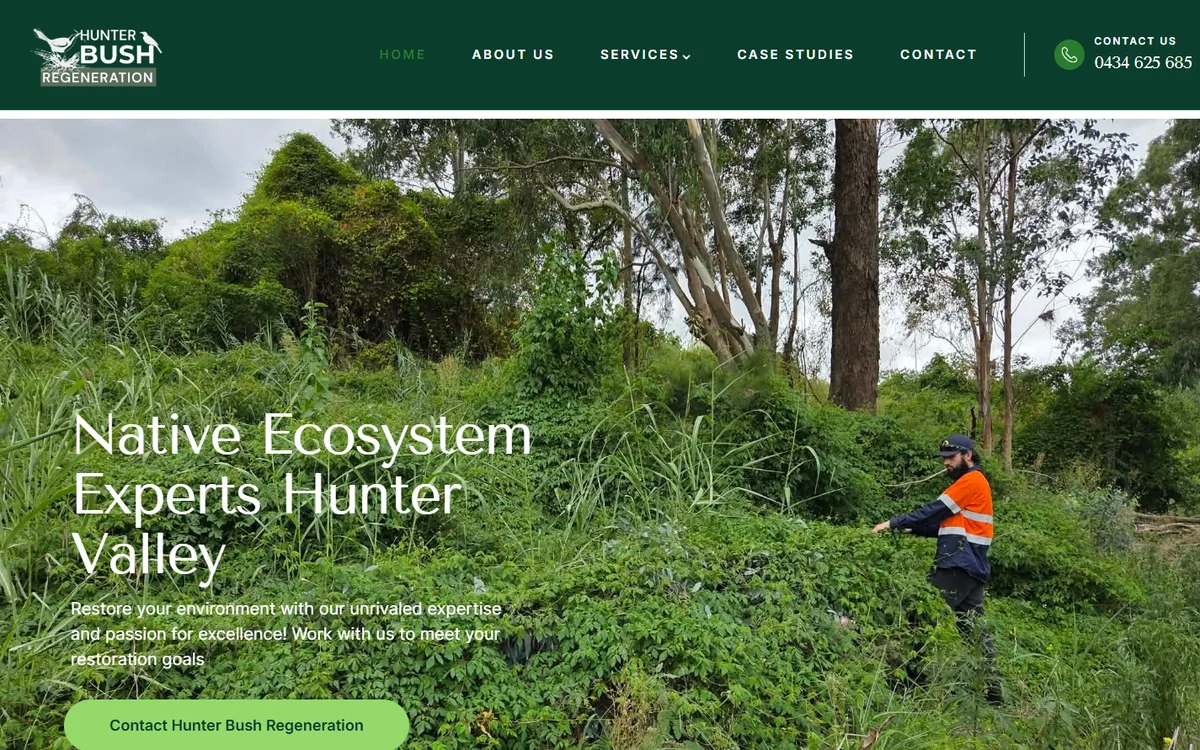 The old Hunter Bush Regeneration WordPress homepage: the heading Native Ecosystem Experts Hunter Valley over a bush photo.