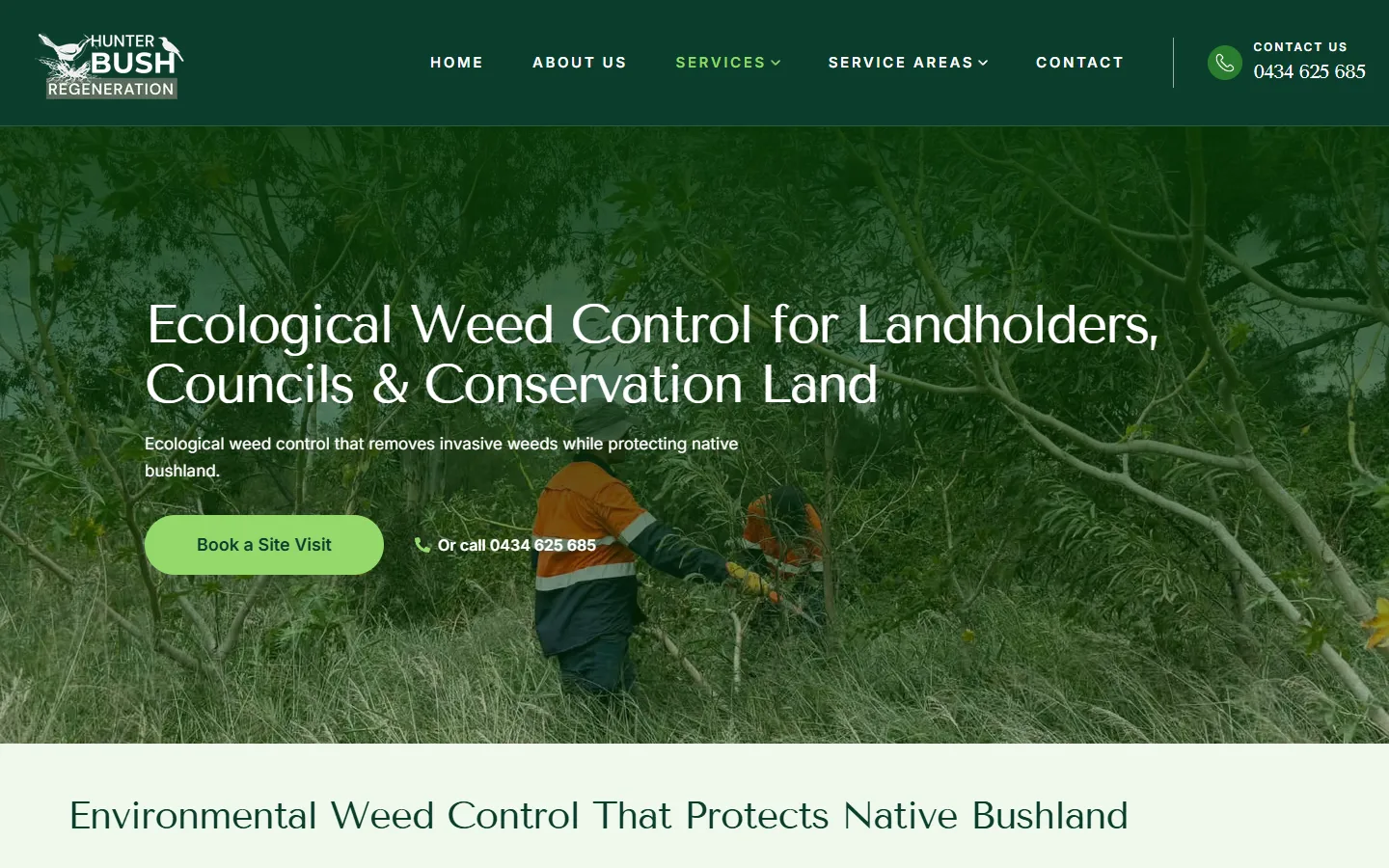 The Hunter Bush Regeneration weed control page on desktop, with a crew photo and a short description of the service.
