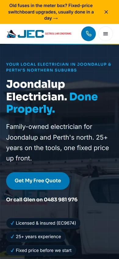 The new Joondalup Electrical homepage on a phone: an offer bar, a tap to call button, the headline and the licence and guarantee badges.
