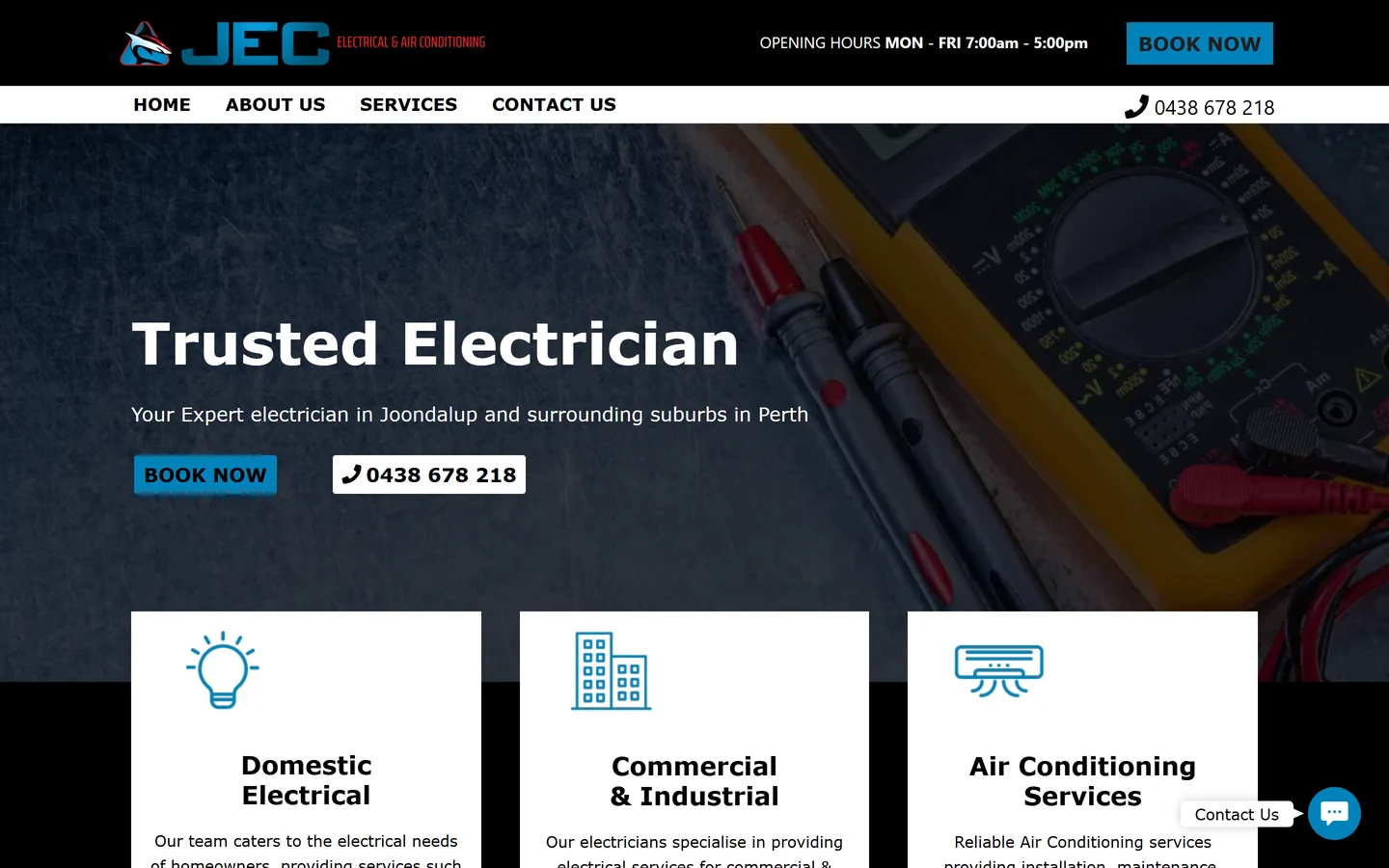The old Joondalup Electrical WordPress homepage: a stock multimeter photo behind the heading Trusted Electrician.