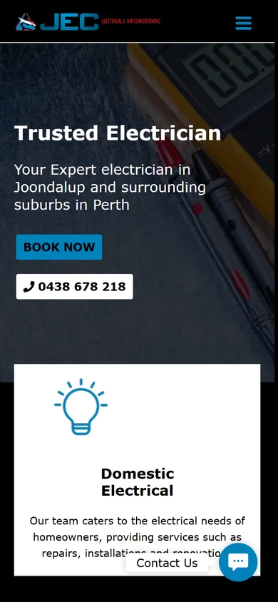 The old Joondalup Electrical homepage on a phone: a generic heading and a BOOK NOW button over a stock photo.