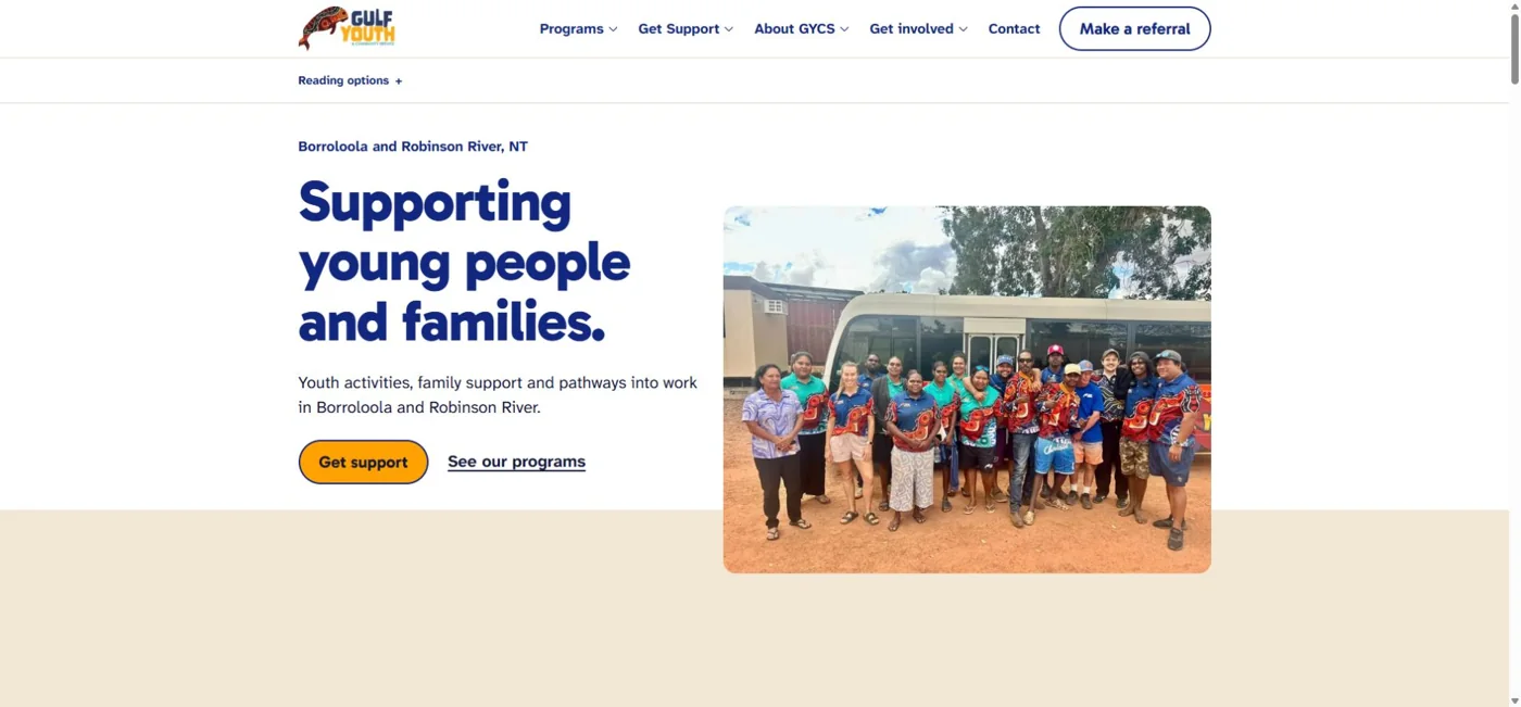 Draft Gulf Youth and Community Service homepage with separate Get support and See our programs actions.