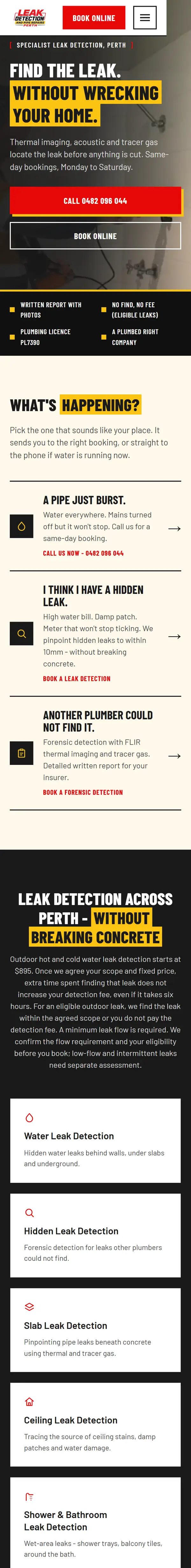 The Leak Detection and Pipe Repairs Perth homepage on a phone.