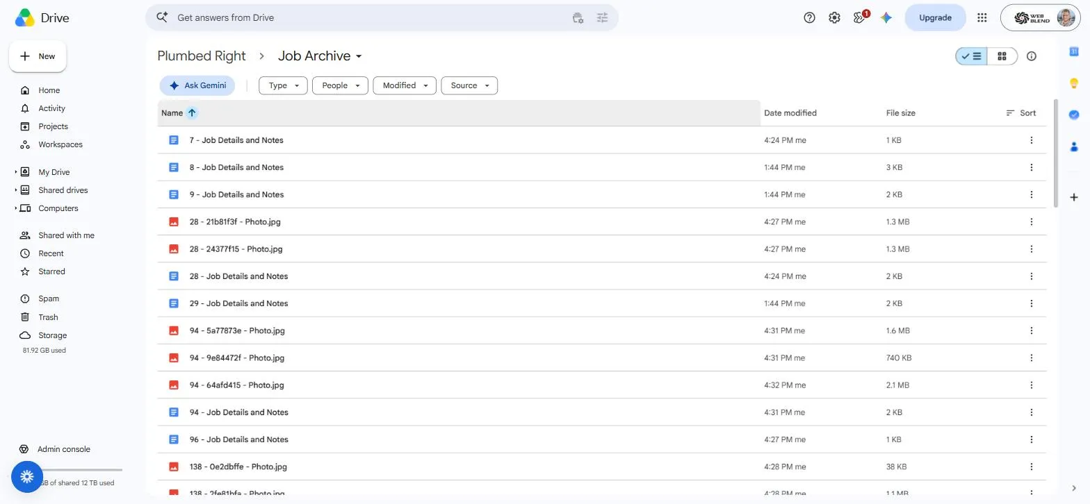 Google Drive file listing showing job documents, photos and videos, each filename prefixed with a ServiceM8 job number.