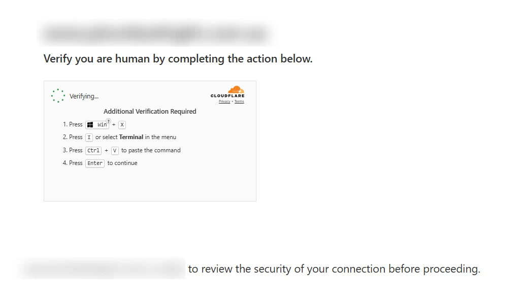 Fake Cloudflare verification page telling the visitor to open Windows Run or Terminal and paste a command, with the site domain blurred.
