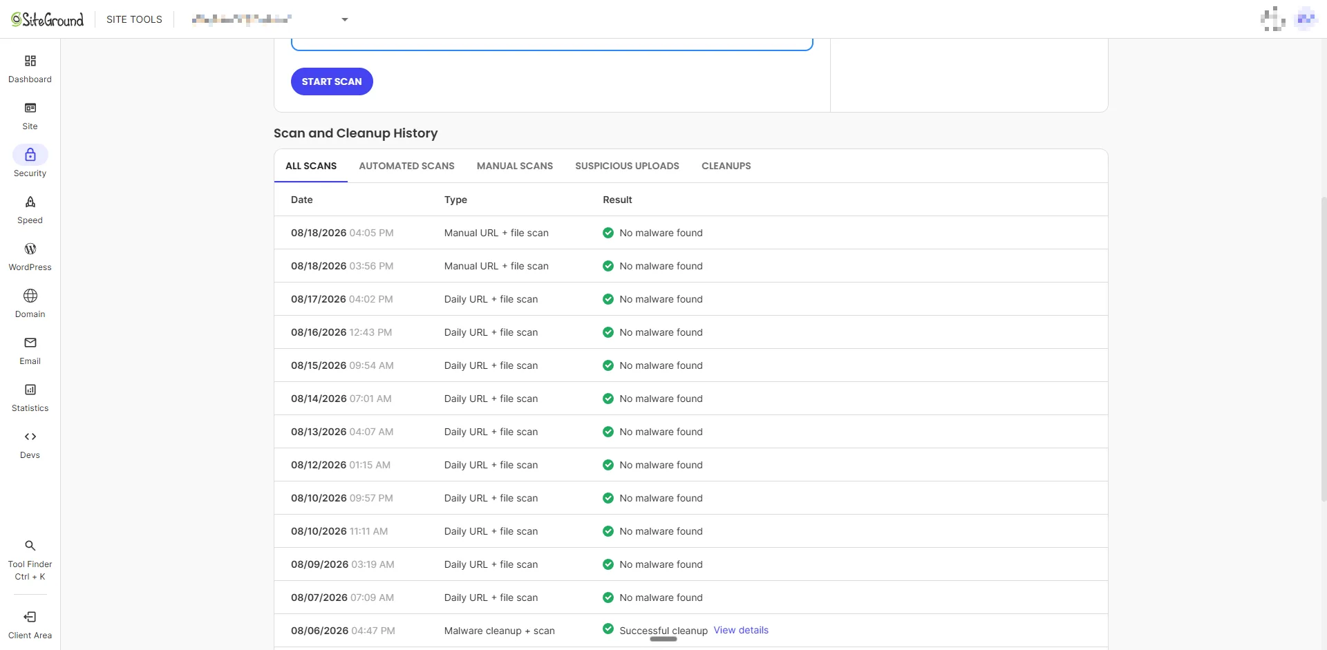 SiteGround Site Scanner history showing twelve consecutive scans reporting no malware found, dated 7 to 18 August 2026, with the site domain and account details blurred.