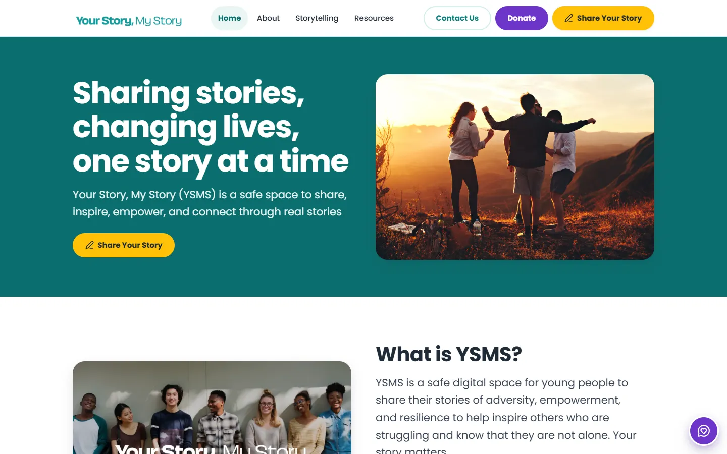 The Your Story, My Story homepage: the heading Sharing stories, changing lives, one story at a time, a Share Your Story button and a photo of young people on a hilltop at sunset.
