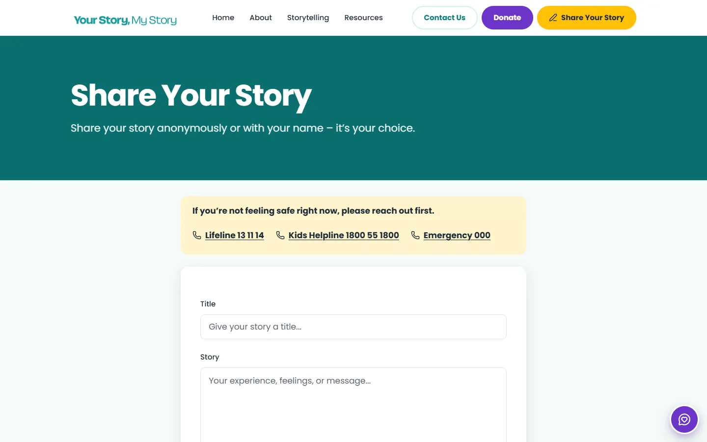 The Your Story, My Story share page on desktop: a crisis support banner with Lifeline, Kids Helpline and emergency numbers above the story form.